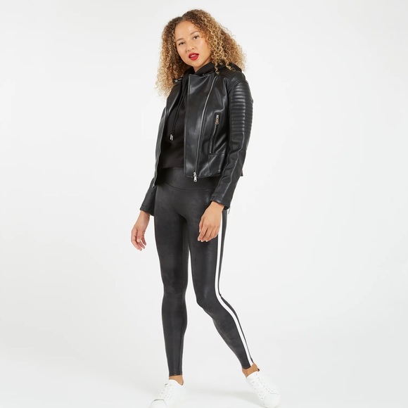 EUC SPANX Faux Leather High Rise Side Stripe Black White Leggings L - Picture 5 of 8